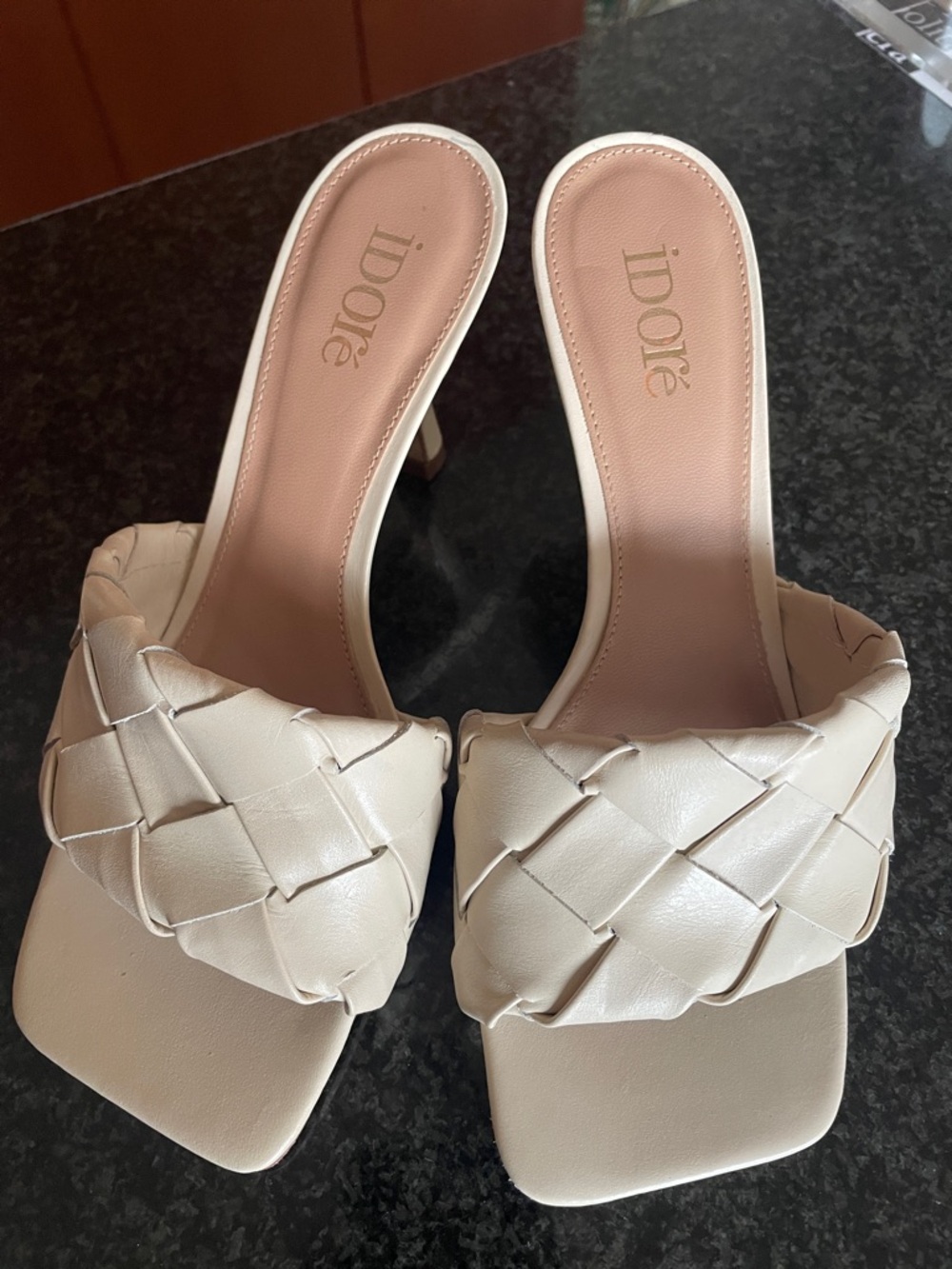 Cream Woven Square-Toe Slide Mules
